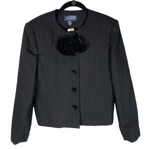 Vintage E. H. Woods 80s wool blend black velvet bow blazer